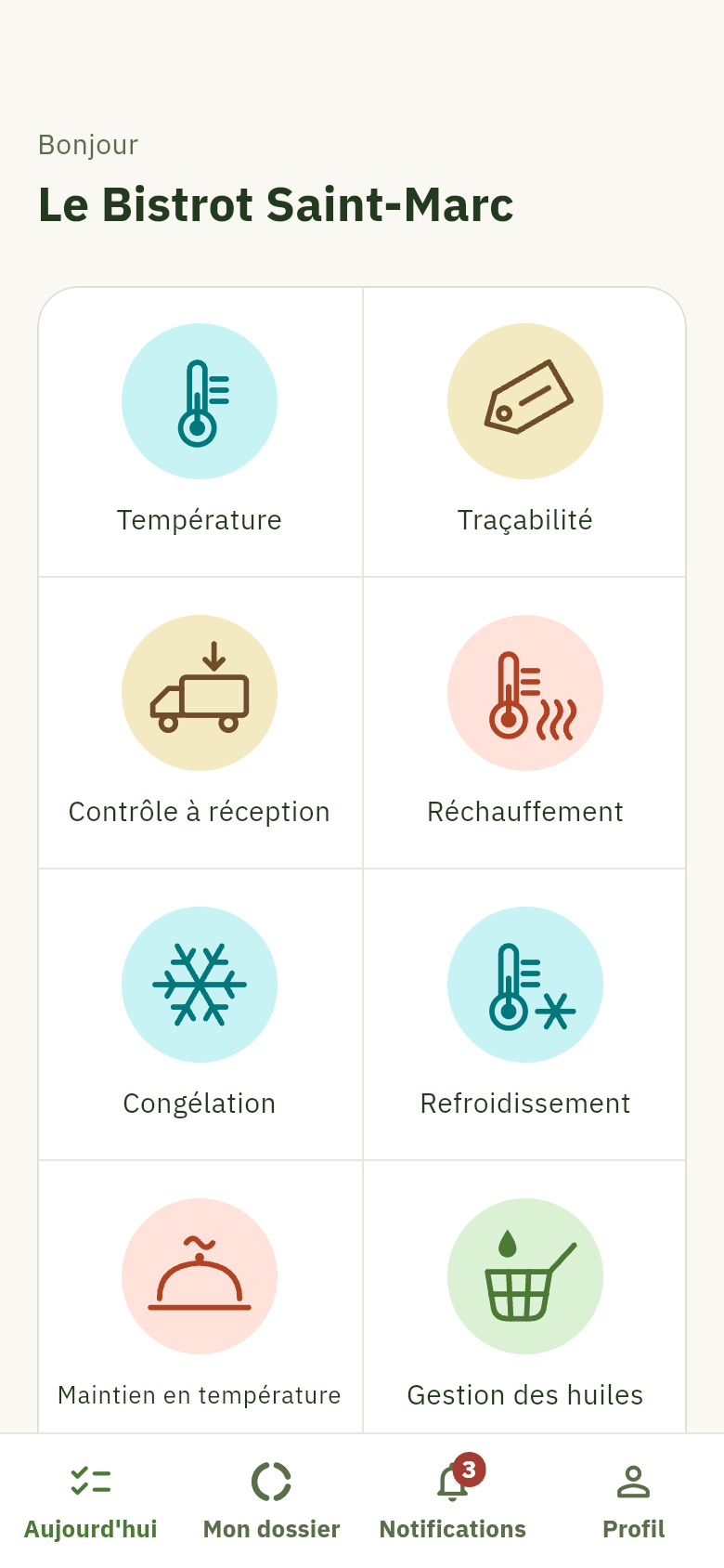 L'écran du jour de Hygicert : la grille des relevés à faire, température, traçabilité, contrôle à réception, réchauffement, congélation, refroidissement, maintien en température, gestion des huiles.