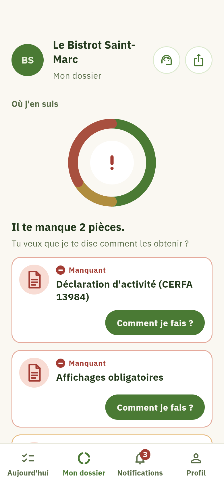 L'écran Mon dossier de Hygicert : l'anneau à trois segments et les pièces manquantes en premier.