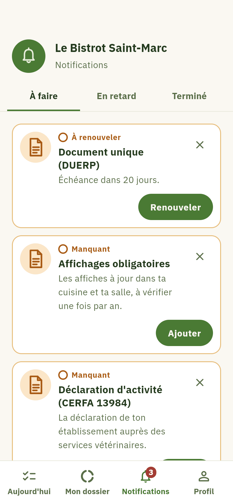 Les notifications de Hygicert : un DUERP à renouveler dans 20 jours, des affichages manquants, une déclaration d'activité manquante.