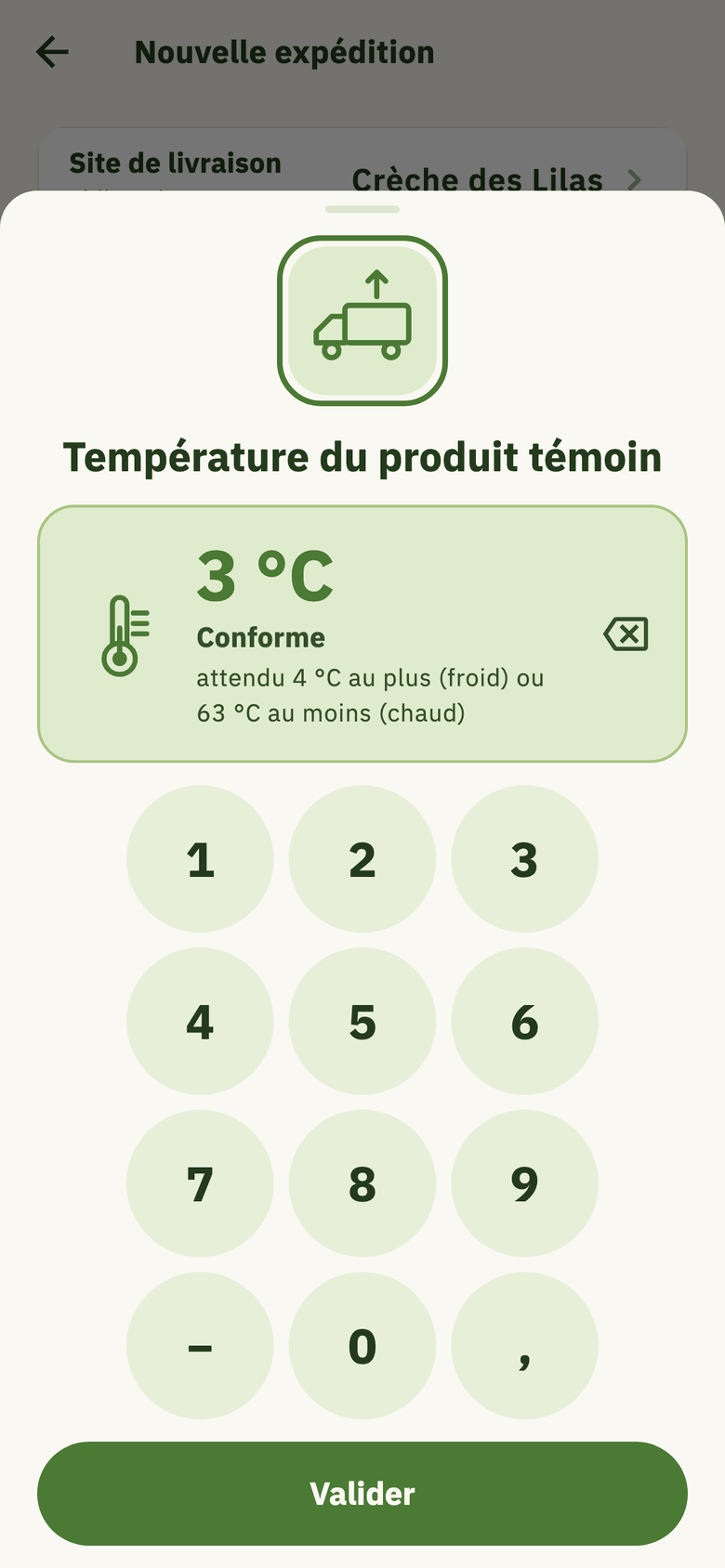 Le pavé de saisie de Hygicert : 3 °C, conforme, attendu 4 °C au plus.