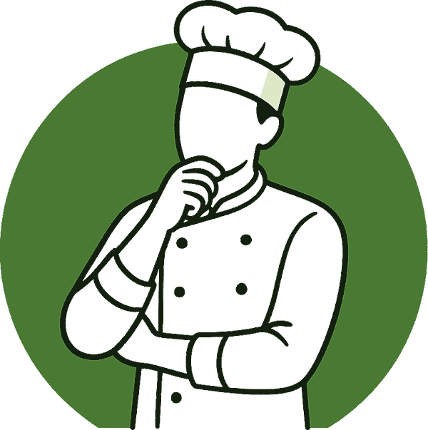 Un cuisinier, la main au menton, réfléchit.