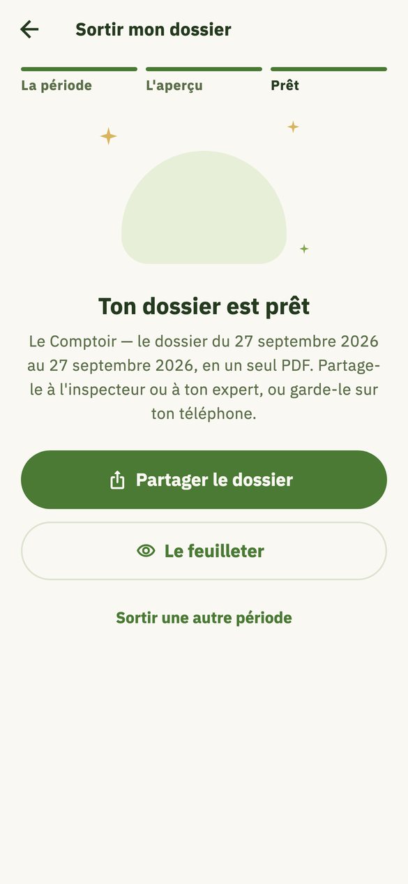 Sortir mon dossier : le dossier du 27 septembre 2026 est prêt, en un seul PDF à partager.