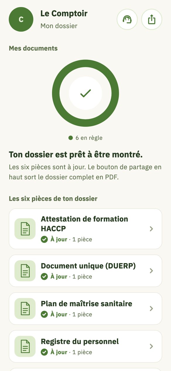 Mon dossier de Le Comptoir : l'anneau plein, six pièces en règle, le dossier est prêt à être montré.