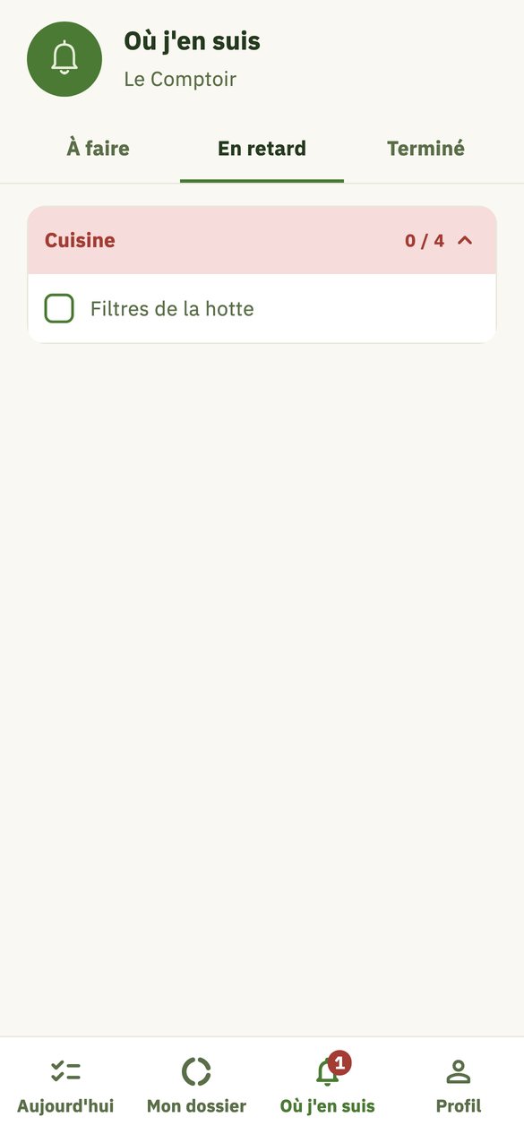 L'écran Où j'en suis, volet En retard : la zone Cuisine passe en rouge, les filtres de la hotte ne sont pas encore faits.