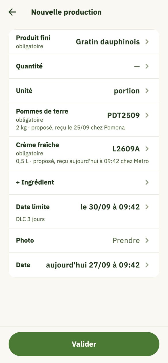 Une nouvelle production de gratin dauphinois : les lots des pommes de terre (PDT2509) et de la crème fraîche (L2609A) sont proposés tout seuls, date limite le 30/09 à 09:42.