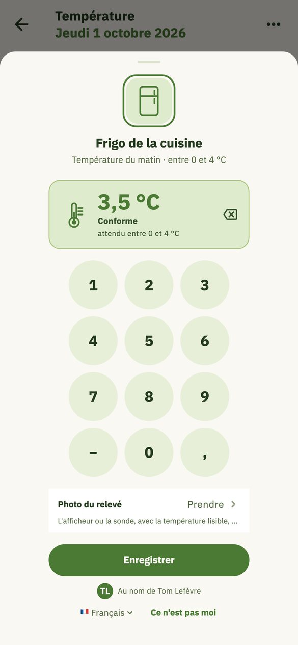 Relevé du frigo de la cuisine : 3,5 °C, conforme, attendu entre 0 et 4 °C, au nom de Tom Lefèvre.