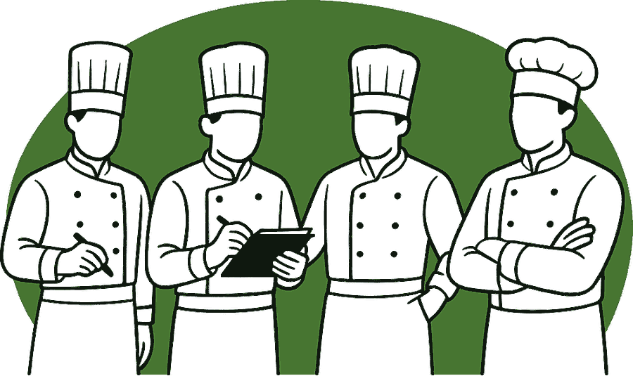 Quatre cuisiniers en veste blanche, l'un note sur une tablette.
